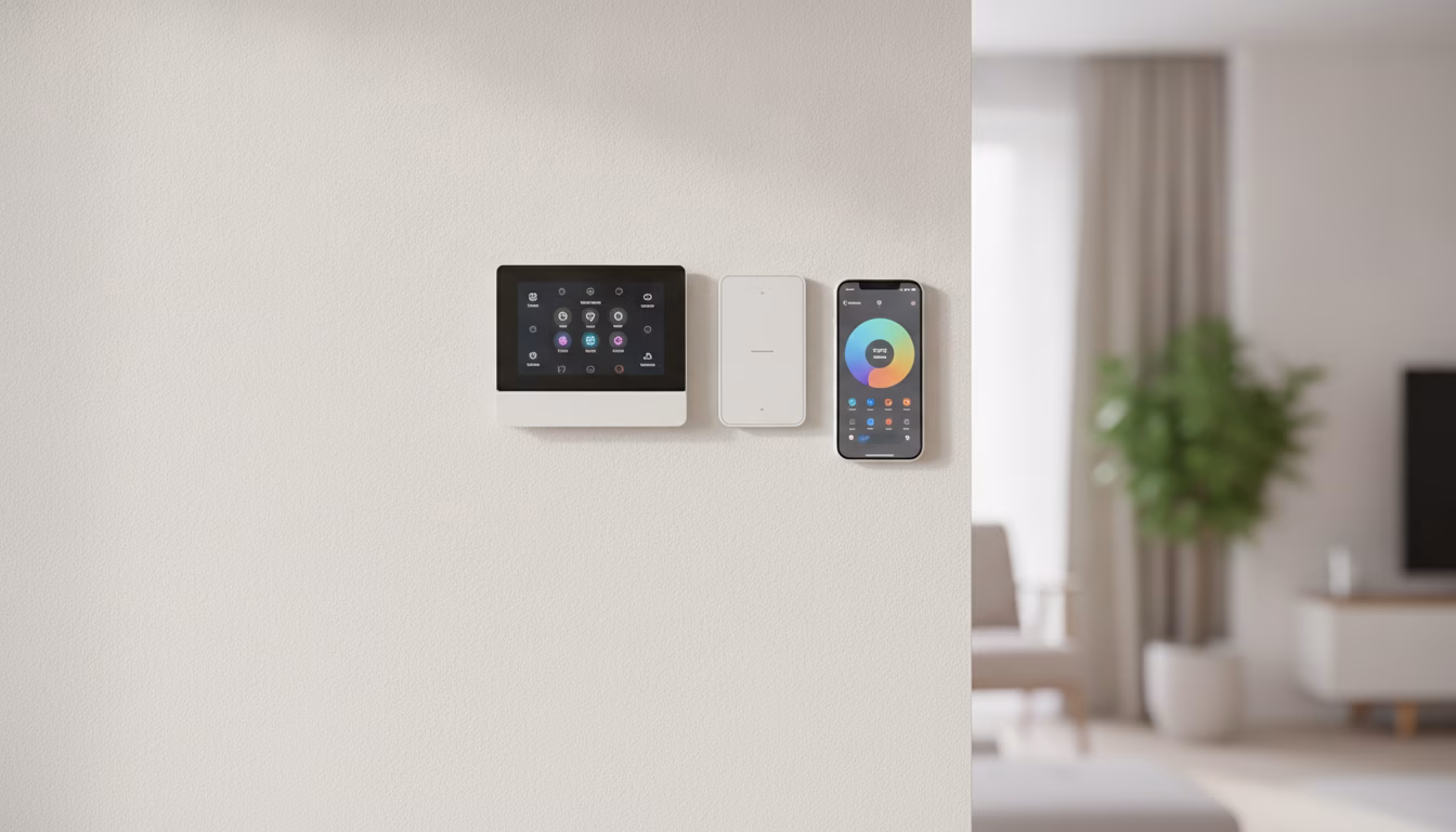 Ein modernes Smart-Home-Bedienpanel an der Wand neben einem Funk-Lichtschalter in einer hellen Wohnung, daneben ein Smartphone mit Steuerungs-App, fotorealistische redaktionelle Stockfotografie, weich (KI-Bild)