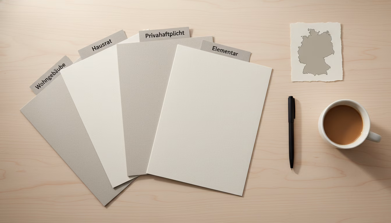 A clean editorial flat-lay top-down shot on a light wooden desk surface showing four neutral, unbranded policy-document folders fanned out — labeled with simple gray paper tabs reading **Wohngebäude** (KI-Bild)