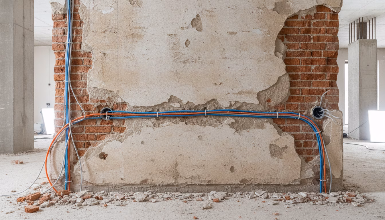 Frisch verlegte elektrische Leitungen und Leerrohre in einer aufgestemmten Wand während der Erneuerung der Elektroinstallation, Rohbau-Atmosphäre, helles Arbeitslicht, fotorealistische redaktionelle S (KI-Bild)