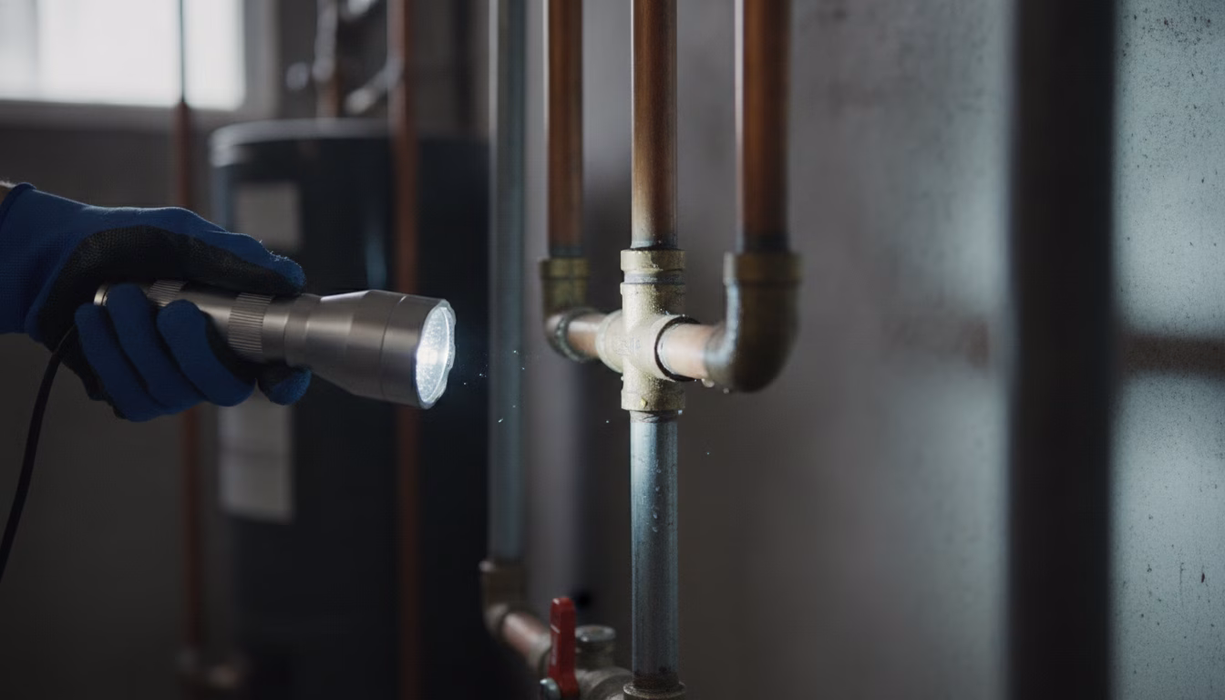 Vermieter prüft eine Wasserleitung im Keller eines Mehrfamilienhauses