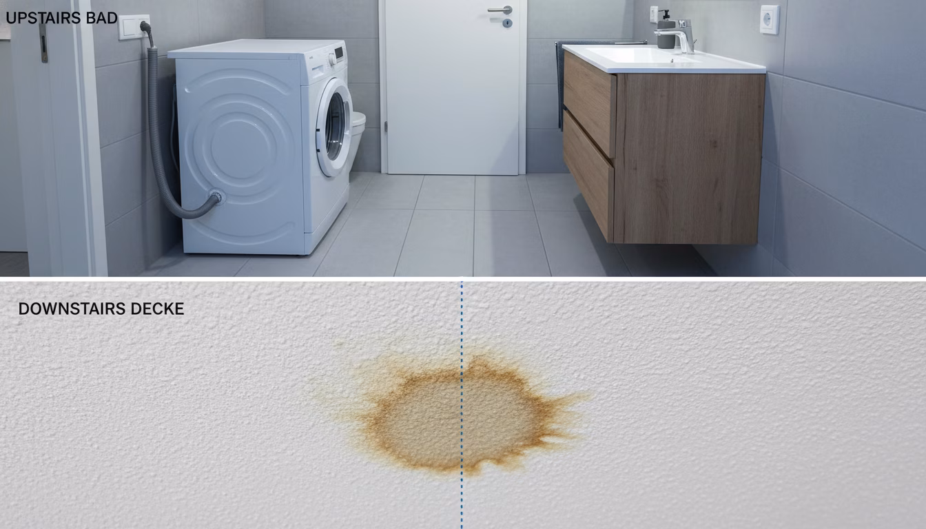 A vertical split-frame composition with two stacked sections: **Top half** — a tidy upstairs bathroom in a German apartment, the source area: a Waschmaschine with a visible hose connection (no people) (KI-Bild)