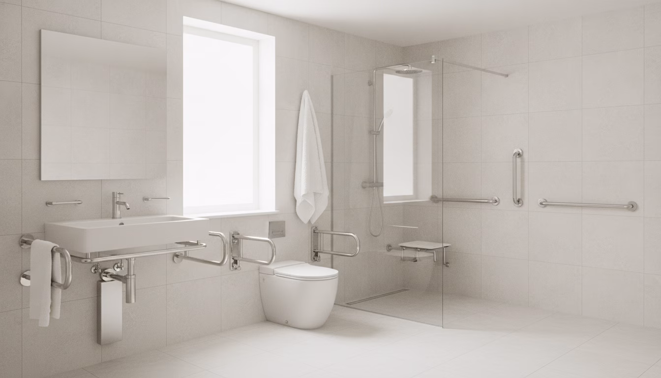 Barrierefreies Bad mit bodengleicher Dusche und Haltegriffen