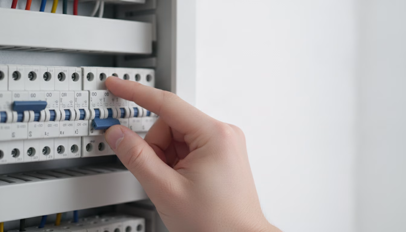 Hand legt einen ausgelösten FI-Schalter im Sicherungskasten wieder ein