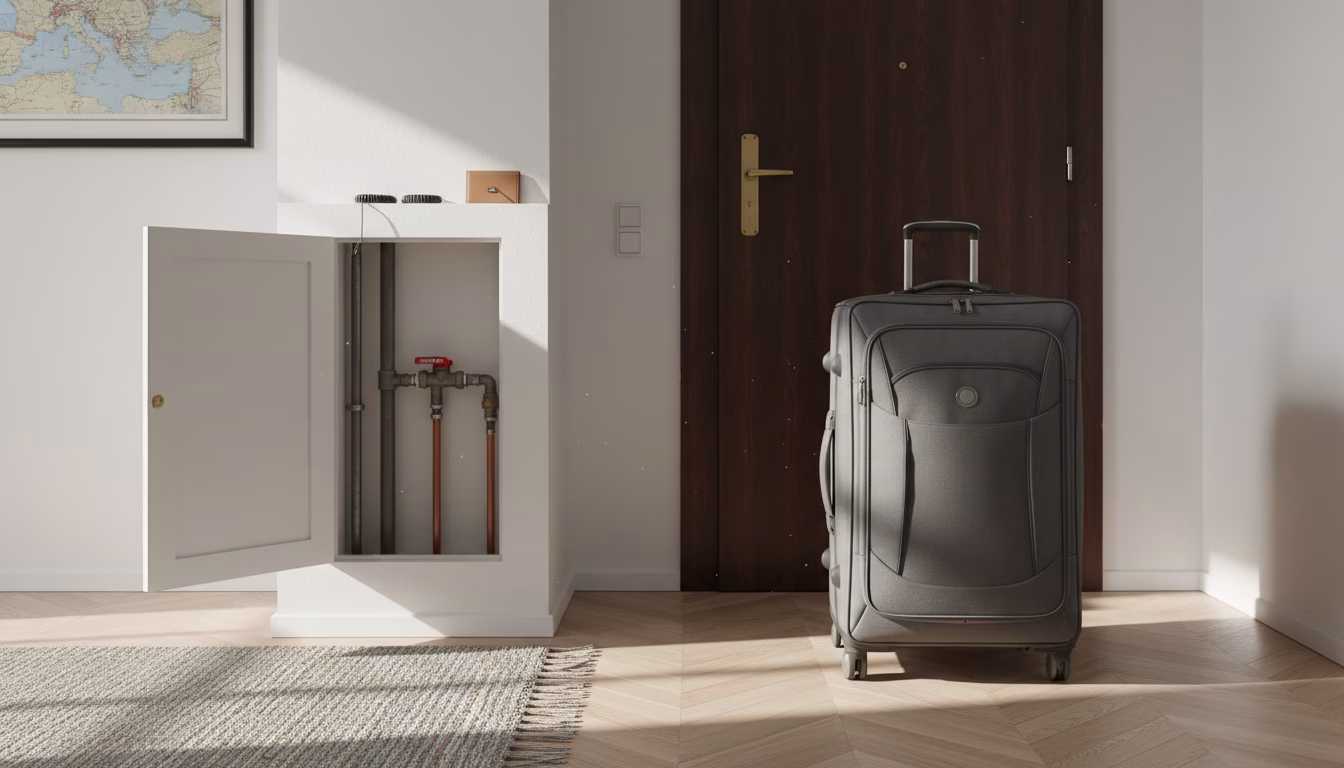 Editorial wide shot of a German entryway: a packed travel suitcase standing ready by the door, the apartment Hauptabsperrhahn visible in a wall cabinet to the left (with the cabinet slightly open). So (KI-Bild)