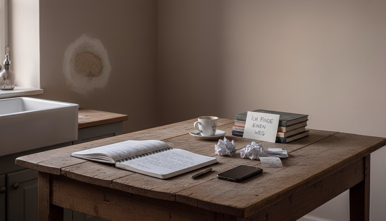 Editorial photorealistic shot of a worn but tidy German Küche (kitchen): a small water stain on the wall above the Spüle, an open notebook on the table with a stack of small receipts, and a smartphone (KI-Bild)