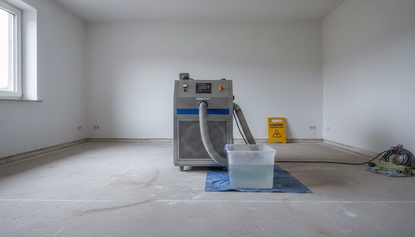 Editorial wide shot of an industrial-style condensation dehumidifier placed in the center of an empty, freshly water-damaged German Wohnzimmer with visible cement-screed (Estrich) where parquet has be (KI-Bild)