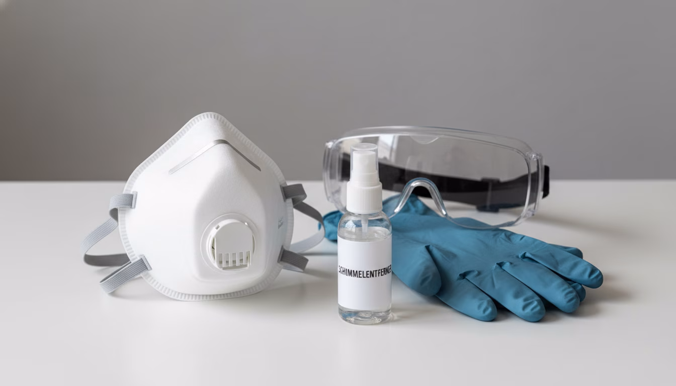 Photorealistic shot of personal protective equipment laid out on a light surface: an FFP2 respirator mask, nitrile gloves (in a muted blue), safety goggles, and a small bottle of clear cleaning fluid (KI-Bild)