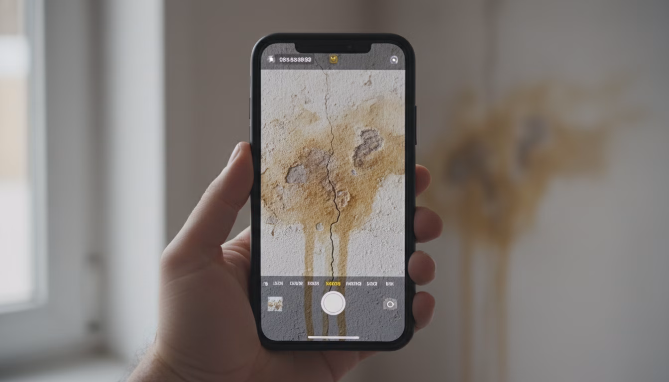 Photorealistic editorial shot of a smartphone held in mid-air by an anonymous hand (only fingertips visible), the screen showing the live camera viewfinder framing a water-damaged wall corner with a v (KI-Bild)